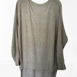 V-Neck Crochet Knit Sweater Loose Fit Hi-Low Hem Pullover Beige Large Disc Ship